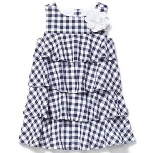 Janie and Jack Girls Navy Gingham Tiered Ruffle Dress Flower Accent Size 7